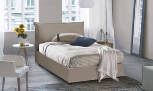 Letto piazza e mezza Latona, Letto contenitore con rivestimento in ecopelle, Made in Italy, Apertura frontale, adatto per materasso cm 120x190, Tortora