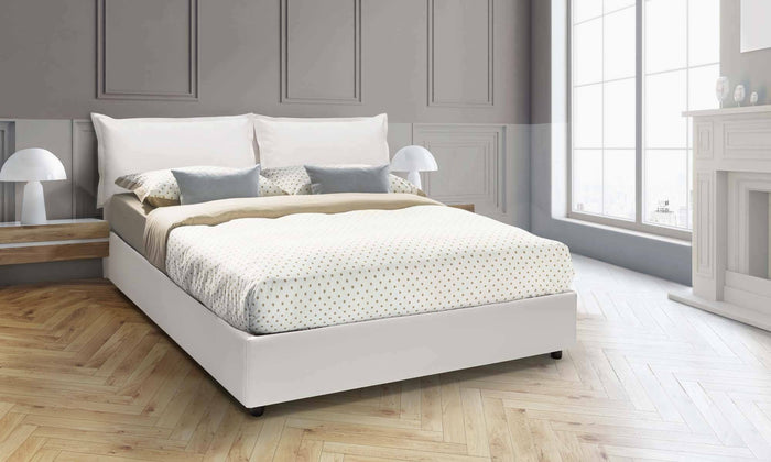 Letto matrimoniale Viburno, Letto contenitore con rivestimento in ecopelle, Made in Italy, Apertura frontale, adatto per materasso cm 160x190, Bianco