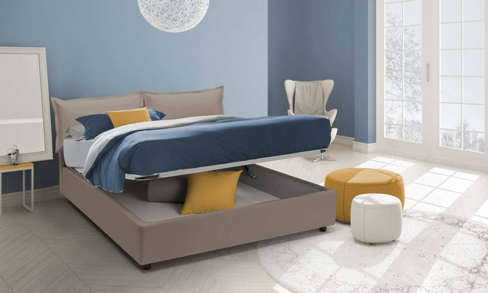 Letto matrimoniale Amalta, Letto contenitore con rivestimento in ecopelle, Made in Italy, Apertura frontale, con materasso cm 160x200 incluso, Tortora