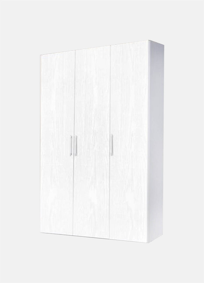 Guardaroba 0, Armadio moderno ad ante battenti, Mobile lineare da camera con tubo appendiabiti e ripiani, color Biano frassinato, Cm 135x58h247, 3 Ante,