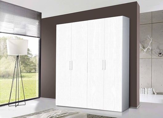 Guardaroba 0, Armadio moderno ad ante battenti, Mobile lineare da camera con tubo appendiabiti e ripiani, color Biano frassinato, Cm 181x58h247, 4 Ante