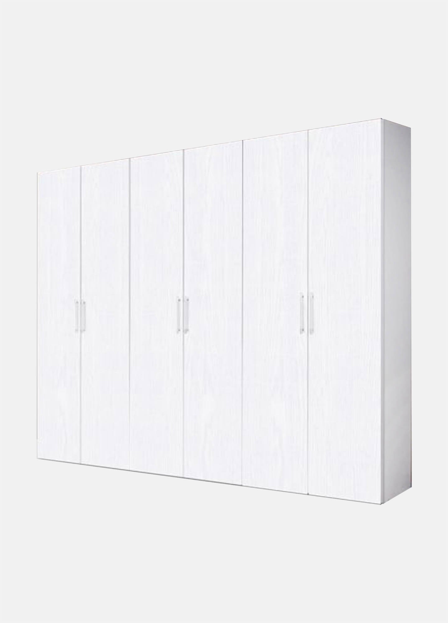 Guardaroba 0, Armadio moderno ad ante battenti, Mobile lineare da camera con tubo appendiabiti e ripiani, color Biano frassinato, Cm 270x58h247, 6 Ante