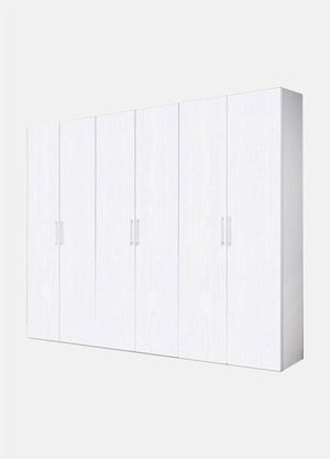 Guardaroba 0, Armadio moderno ad ante battenti, Mobile lineare da camera con tubo appendiabiti e ripiani, color Biano frassinato, Cm 270x58h247, 6 Ante