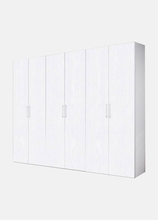 Guardaroba 0, Armadio moderno ad ante battenti, Mobile lineare da camera con tubo appendiabiti e ripiani, color Biano frassinato, Cm 270x58h247, 6 Ante