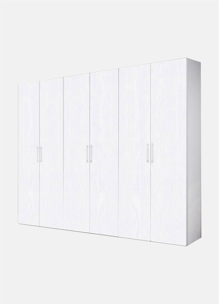 Guardaroba 0, Armadio moderno ad ante battenti, Mobile lineare da camera con tubo appendiabiti e ripiani, color Biano frassinato, Cm 270x58h247, 6 Ante