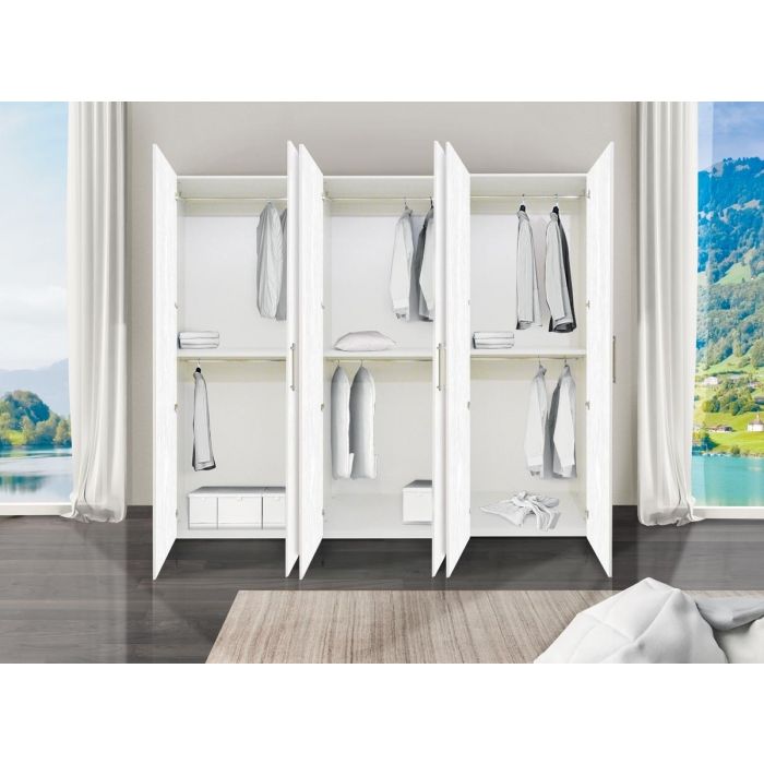 Guardaroba 0, Armadio moderno ad ante battenti, Mobile lineare da camera con tubo appendiabiti e ripiani, color Biano frassinato, Cm 270x58h247, 6 Ante