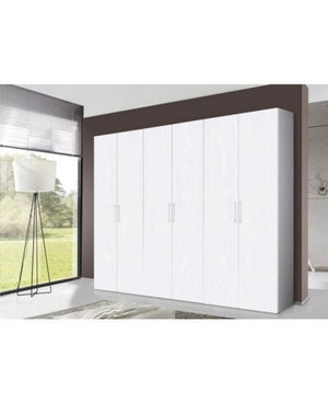 Guardaroba 0, Armadio moderno ad ante battenti, Mobile lineare da camera con tubo appendiabiti e ripiani, color Biano frassinato, Cm 270x58h247, 6 Ante