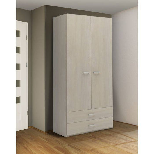 Guardaroba 0, Armadio moderno a 2 ante battenti 2 cassetti, Mobile lineare da camera con tubo appendiabiti , Cm 82x52h210, Olmo