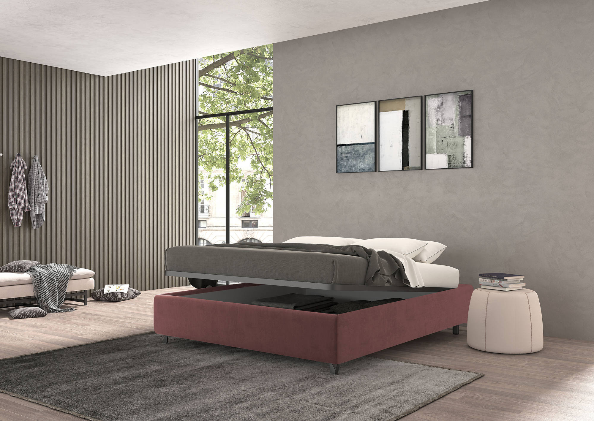 Talamo Italia Letto contenitore matrimoniale Vivaldi, Made in Italy, Struttura in tessuto imbottito effetto velluto, Adatto a materasso 160x190 cm, Bordeaux