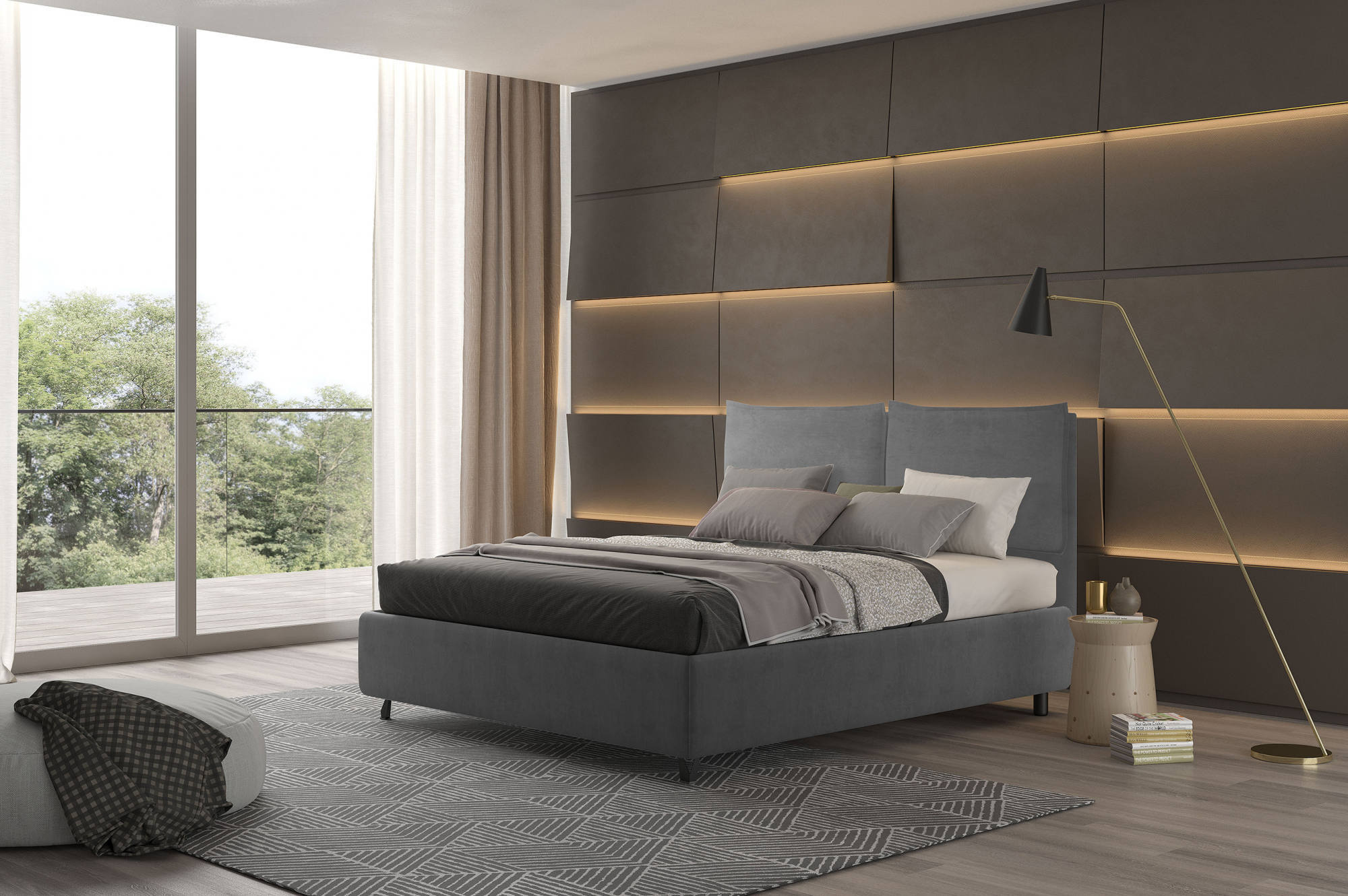 Talamo Italia Letto contenitore matrimoniale Bach, Made in Italy, Struttura in tessuto imbottito effetto velluto, Adatto a materasso 160x190 cm, Grigio