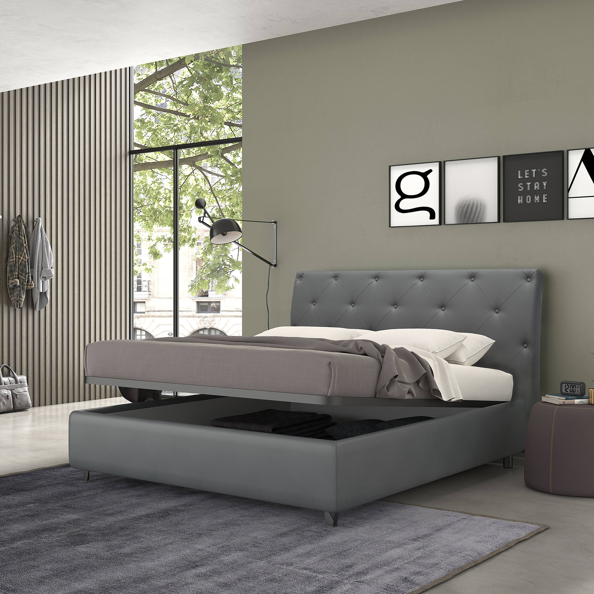 Talamo Italia Letto contenitore matrimoniale Mozart, Made in Italy, Struttura in ecopelle imbottita, Adatto a materasso 160x190 cm, Grigio