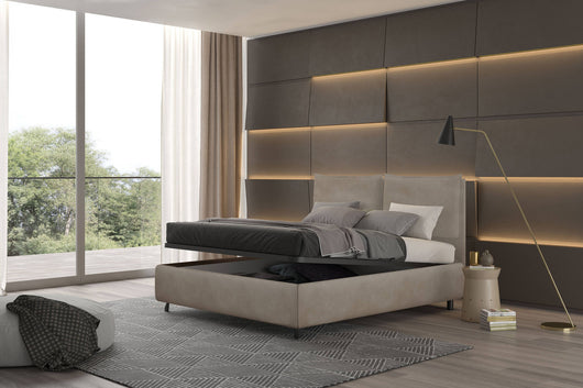 Talamo Italia Letto contenitore matrimoniale Bach, Made in Italy, Struttura in tessuto imbottito effetto vintage, Adatto a materasso 160x190 cm, Beige