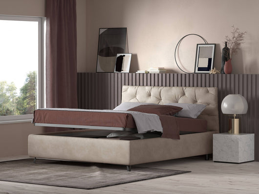 Talamo Italia Letto contenitore matrimoniale Beethoven, Made in Italy, Struttura in tessuto imbottito effetto vintage, Adatto a materasso 160x190 cm, Beige