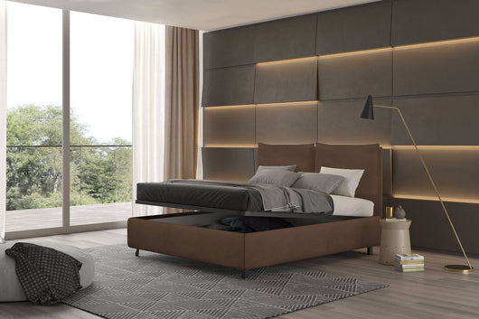 Talamo Italia Letto contenitore matrimoniale Bach, Made in Italy, Struttura in tessuto imbottito effetto vintage, Adatto a materasso 160x190 cm, Marrone