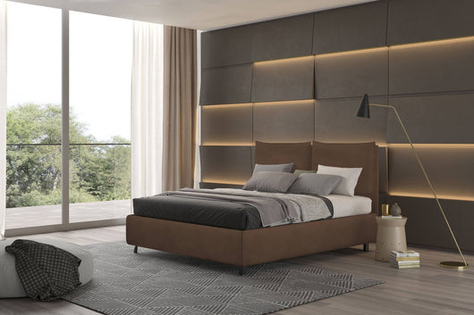 Talamo Italia Letto contenitore matrimoniale Bach, Made in Italy, Struttura in tessuto imbottito effetto vintage, Adatto a materasso 160x190 cm, Marrone