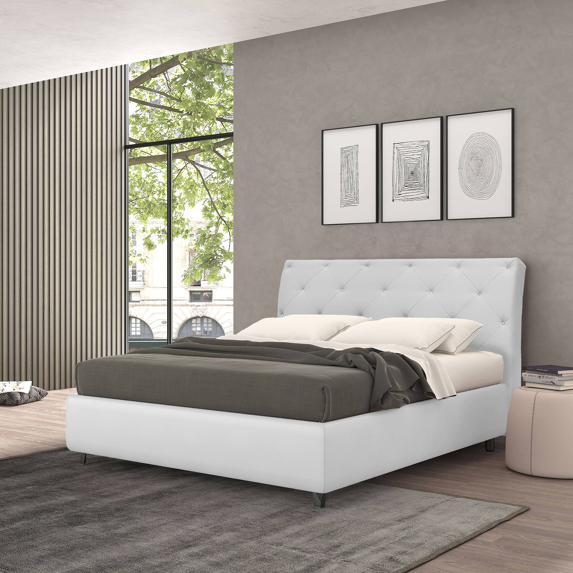 Talamo Italia Letto contenitore matrimoniale Strauss, Made in Italy, Struttura in tessuto imbottito, Adatto a materasso 160x190 cm, Bianco