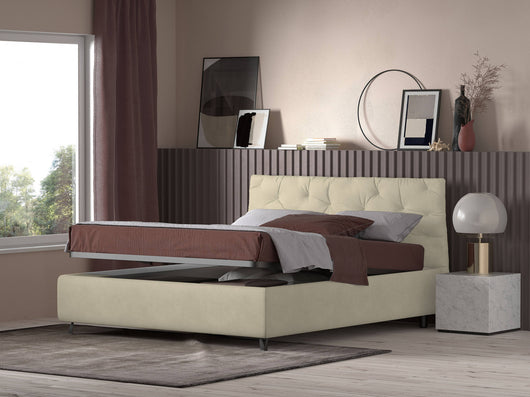 Talamo Italia Letto contenitore matrimoniale Beethoven, Made in Italy, Struttura in tessuto imbottito, Adatto a materasso 160x190 cm, Panna