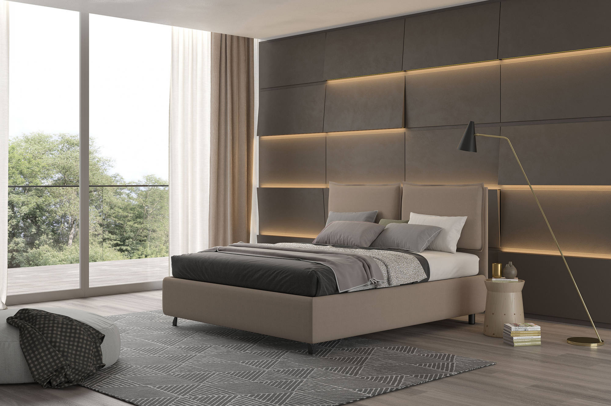 Talamo Italia Letto contenitore matrimoniale Bach, Made in Italy, Struttura in tessuto imbottito, Adatto a materasso 160x190 cm, Tortora