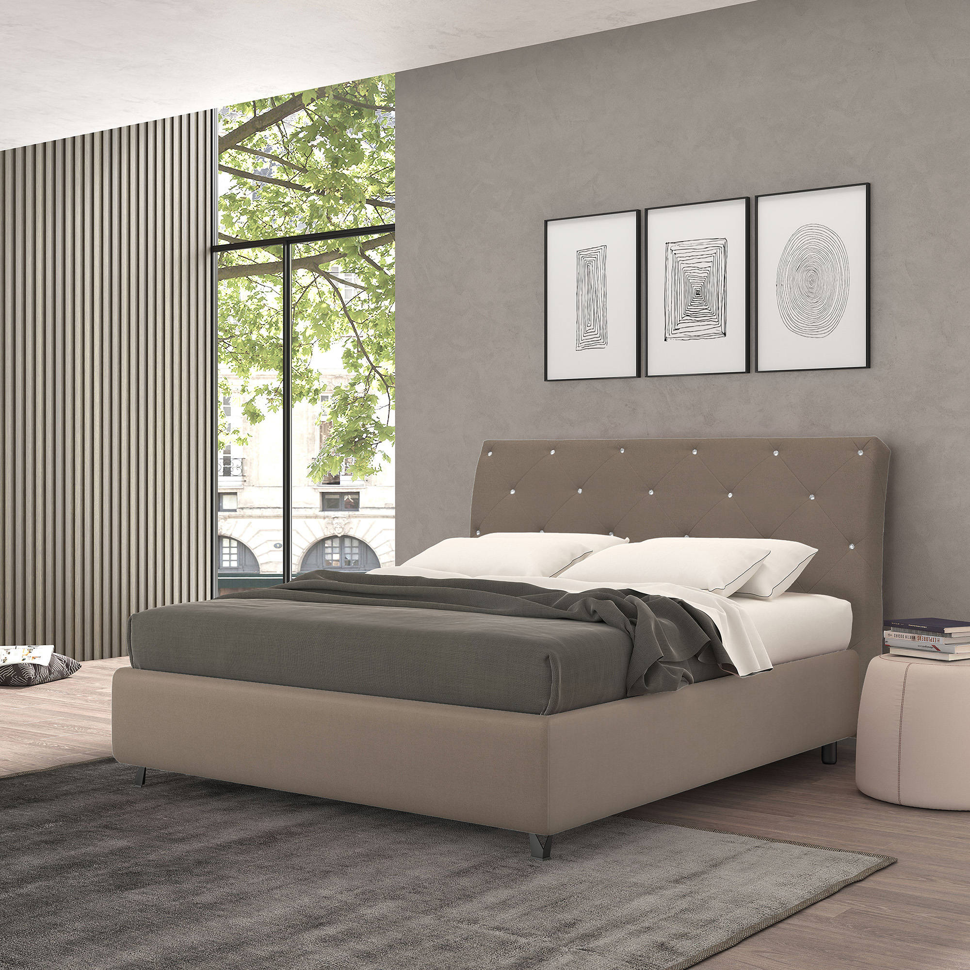 Talamo Italia Letto contenitore matrimoniale Strauss, Made in Italy, Struttura in tessuto imbottito, Adatto a materasso 160x190 cm, Tortora