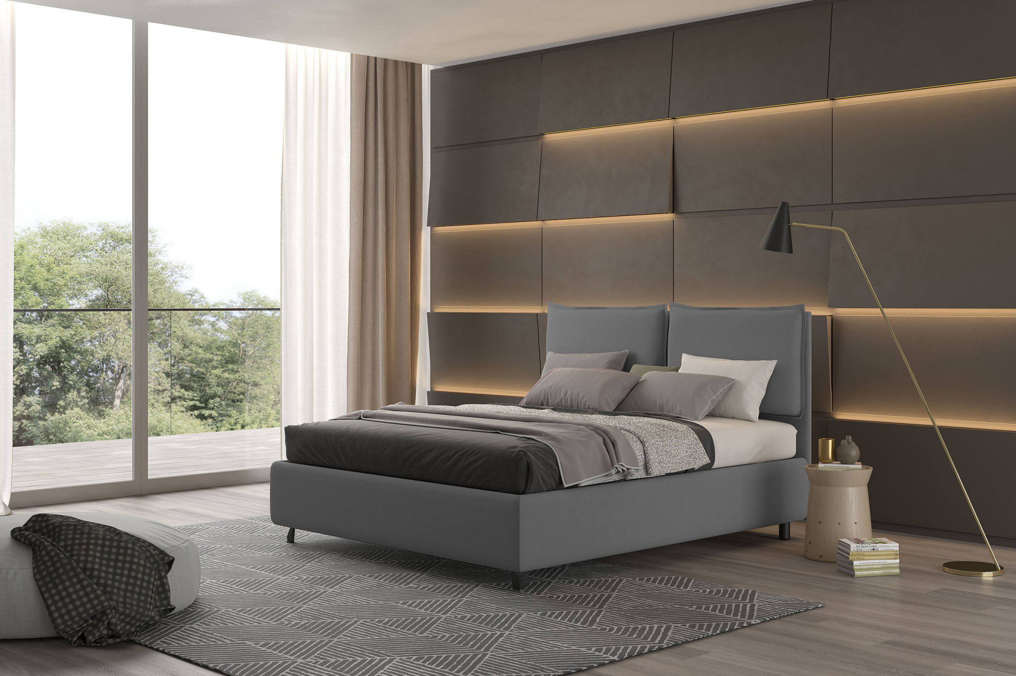 Talamo Italia Letto contenitore matrimoniale Bach, Made in Italy, Struttura in tessuto imbottito, Adatto a materasso 160x190 cm, Grigio