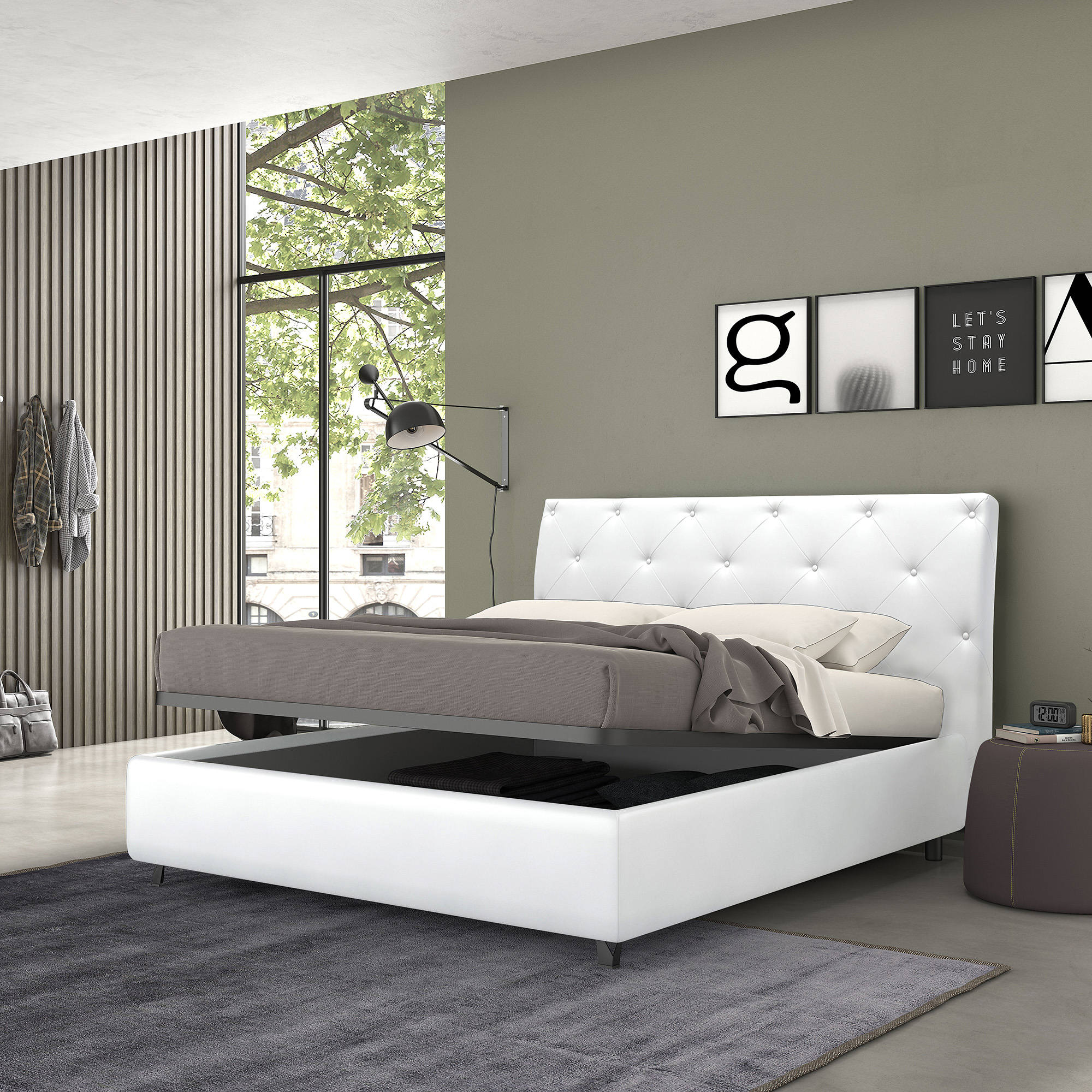 Talamo Italia Letto contenitore piazza e mezza Mozart, Made in Italy, Struttura in ecopelle imbottita, Adatto a materasso 120x190 cm, Bianco