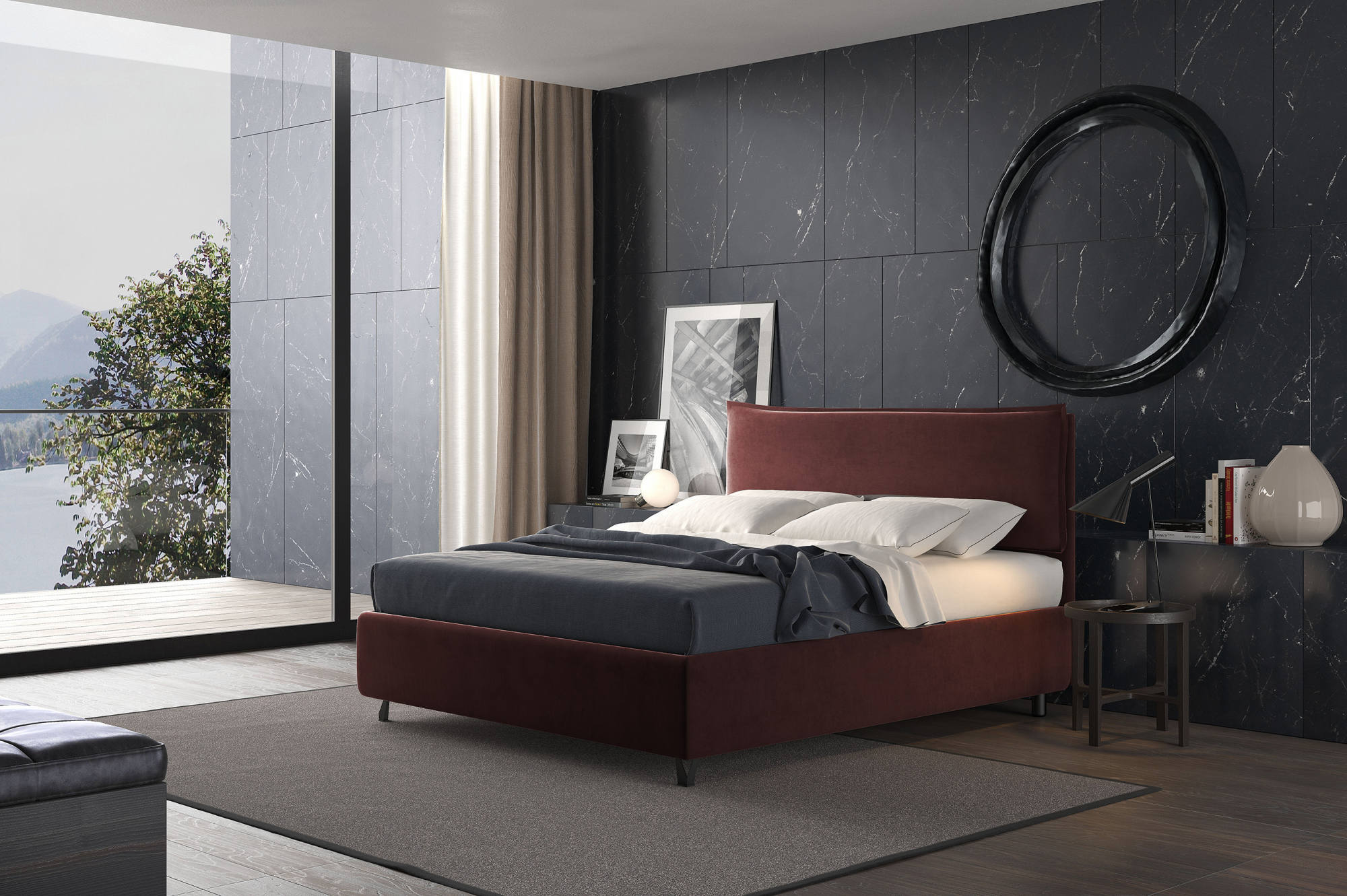 Talamo Italia Letto contenitore piazza e mezza Puccini, Made in Italy, Struttura in tessuto imbottito effetto velluto, Adatto a materasso 120x190 cm, Bordeaux