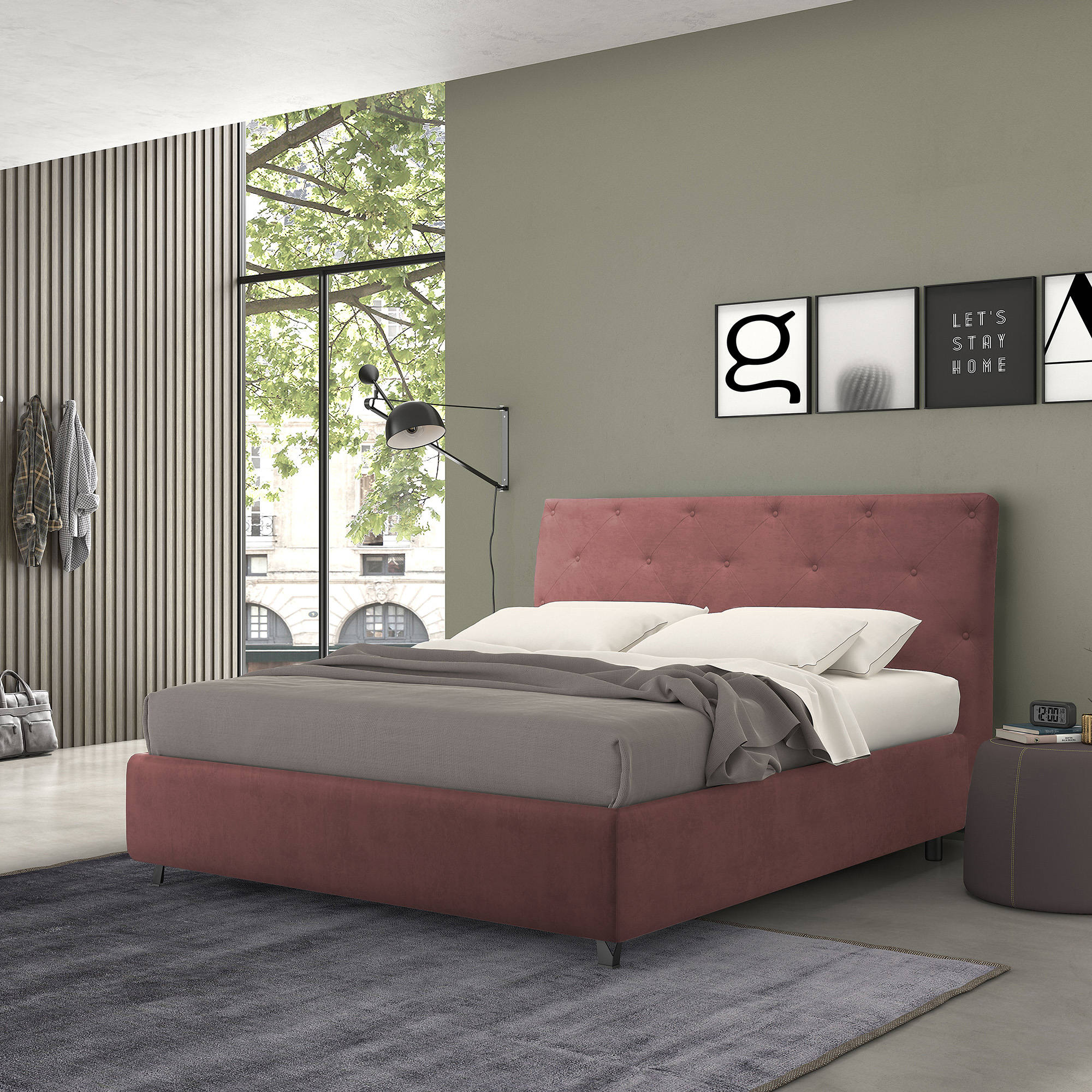 Talamo Italia Letto contenitore piazza e mezza Mozart, Made in Italy, Struttura in tessuto imbottito effetto velluto, Adatto a materasso 120x190 cm, Bordeaux