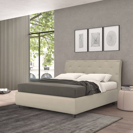 Talamo Italia Letto contenitore piazza e mezza Strauss, Made in Italy, Struttura in ecopelle imbottita, Adatto a materasso 120x190 cm, Panna