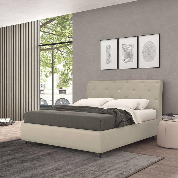 Talamo Italia Letto contenitore piazza e mezza Strauss, Made in Italy, Struttura in ecopelle imbottita, Adatto a materasso 120x190 cm, Panna