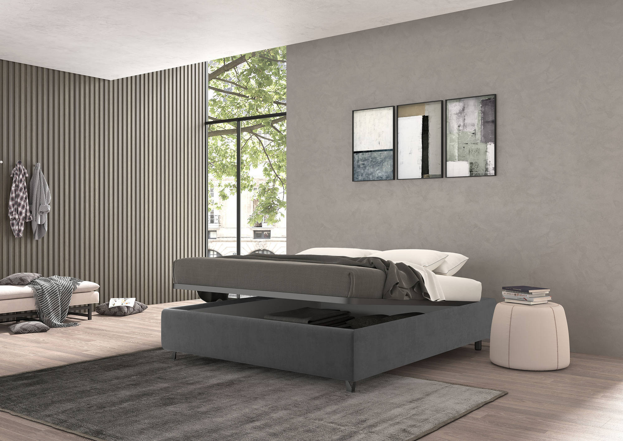 Talamo Italia Letto contenitore piazza e mezza Vivaldi, Made in Italy, Struttura in tessuto imbottito effetto velluto, Adatto a materasso 120x190 cm, Grigio