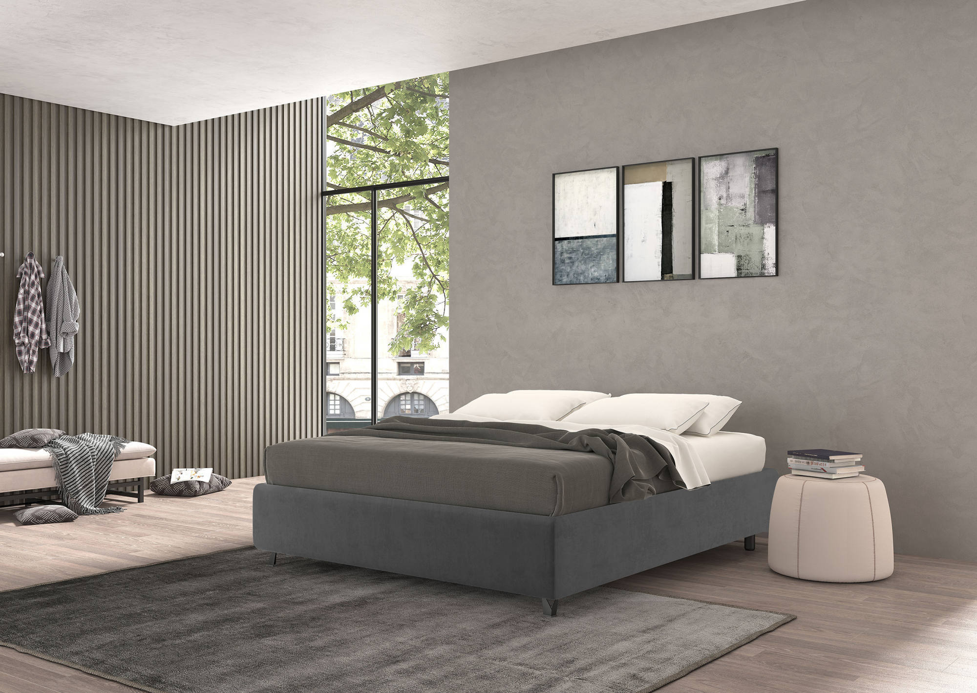 Talamo Italia Letto contenitore piazza e mezza Vivaldi, Made in Italy, Struttura in tessuto imbottito effetto velluto, Adatto a materasso 120x190 cm, Grigio