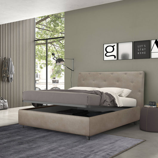 Talamo Italia Letto contenitore piazza e mezza Mozart, Made in Italy, Struttura in tessuto imbottito effetto vintage, Adatto a materasso 120x190 cm, Beige