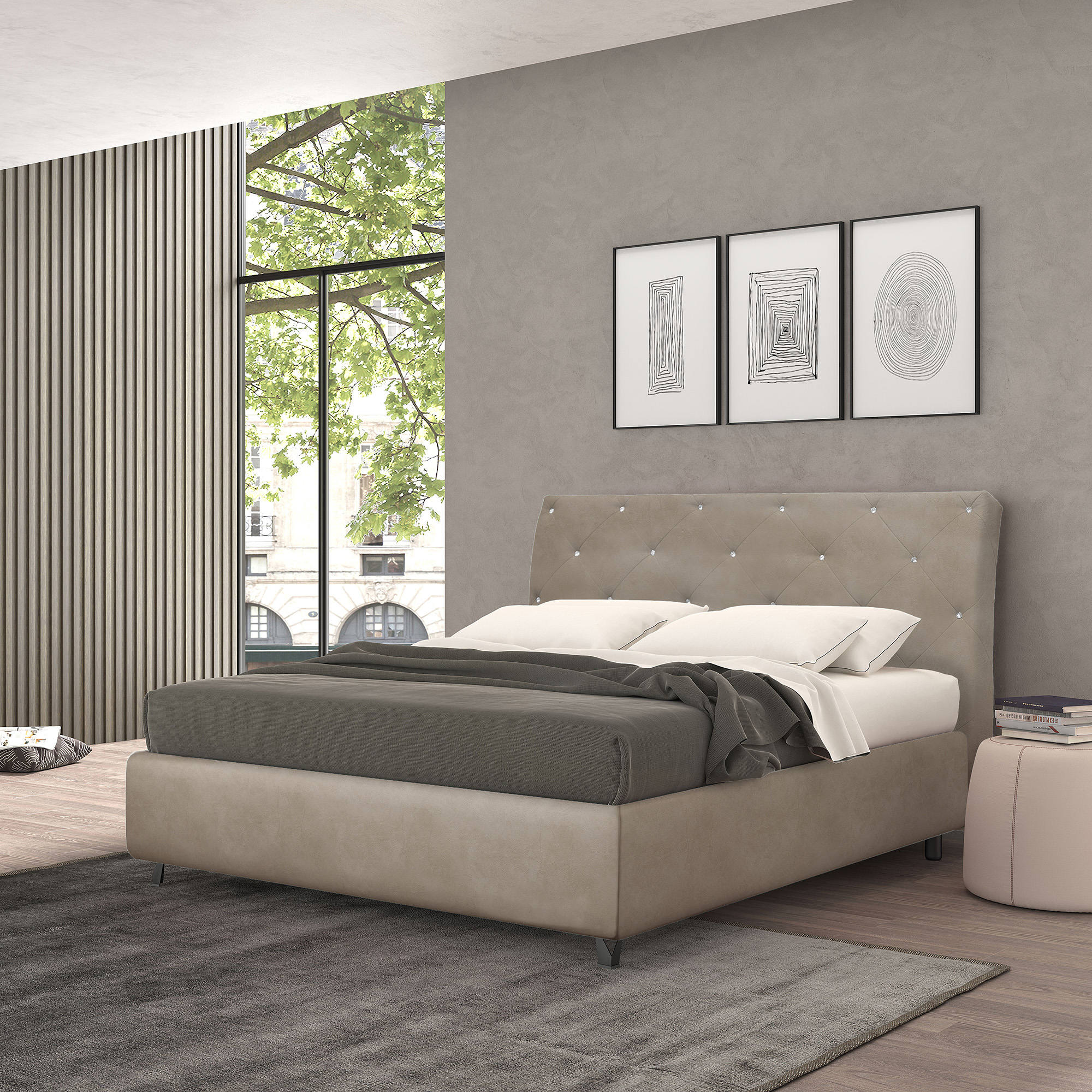 Talamo Italia Letto contenitore piazza e mezza Strauss, Made in Italy, Struttura in tessuto imbottito effetto vintage, Adatto a materasso 120x190 cm, Beige