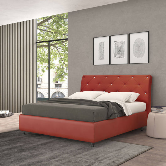 Talamo Italia Letto contenitore piazza e mezza Strauss, Made in Italy, Struttura in ecopelle imbottita, Adatto a materasso 120x190 cm, Rosso