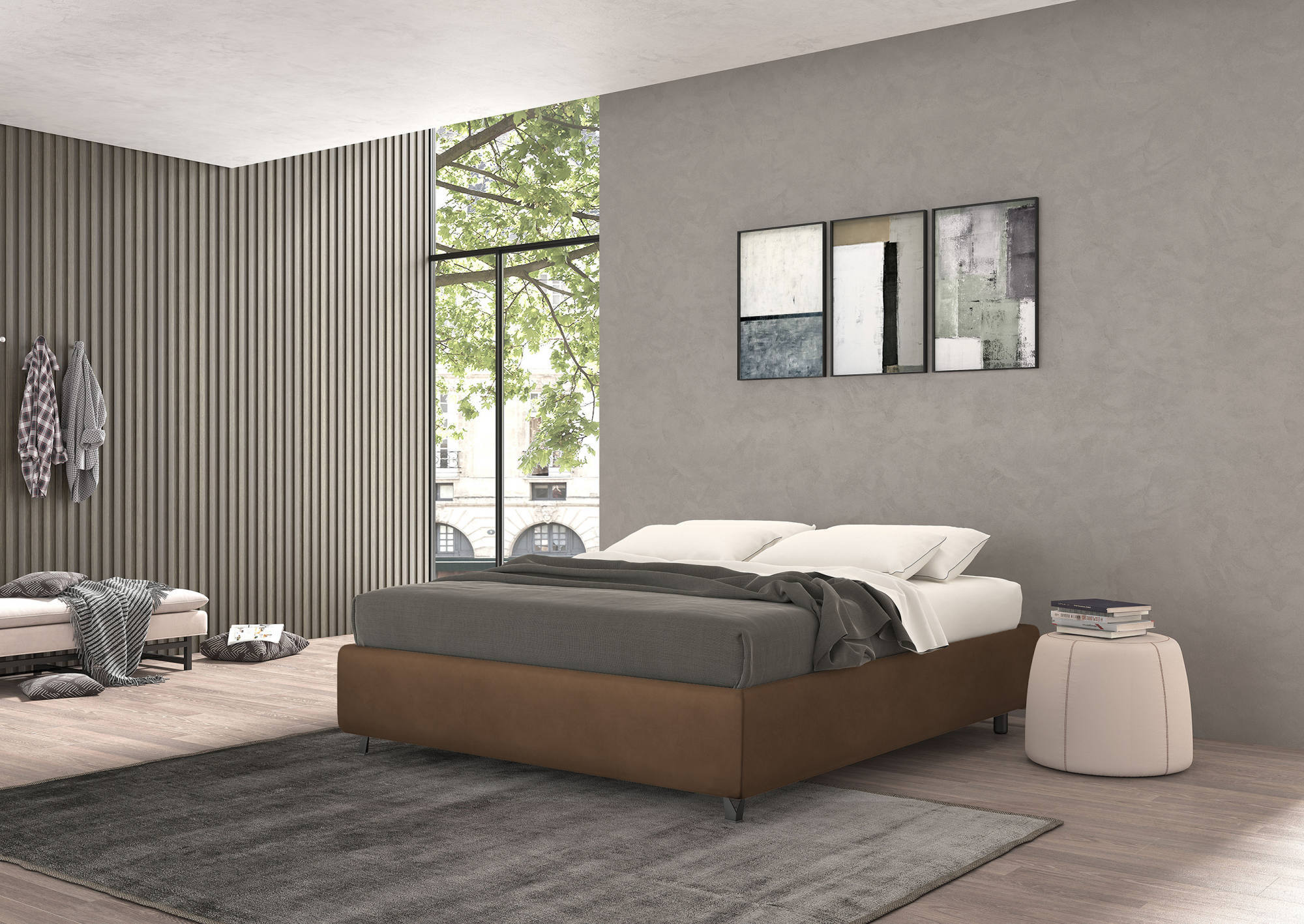 Talamo Italia Letto contenitore piazza e mezza Vivaldi, Made in Italy, Struttura in tessuto imbottito effetto vintage, Adatto a materasso 120x190 cm, Marrone