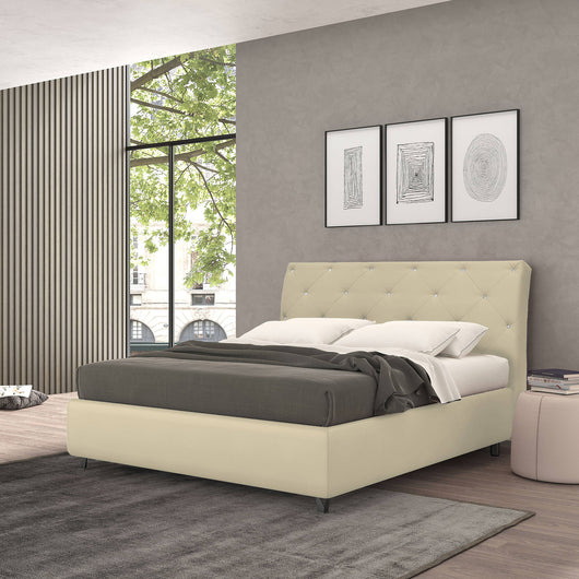 Talamo Italia Letto contenitore piazza e mezza Strauss, Made in Italy, Struttura in tessuto imbottito, Adatto a materasso 120x190 cm, Panna