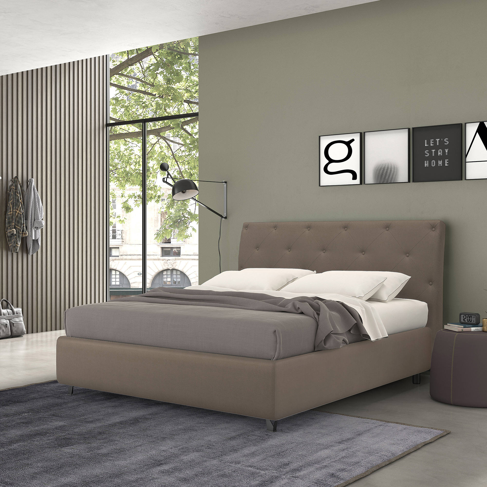 Talamo Italia Letto contenitore piazza e mezza Mozart, Made in Italy, Struttura in tessuto imbottito, Adatto a materasso 120x190 cm, Tortora