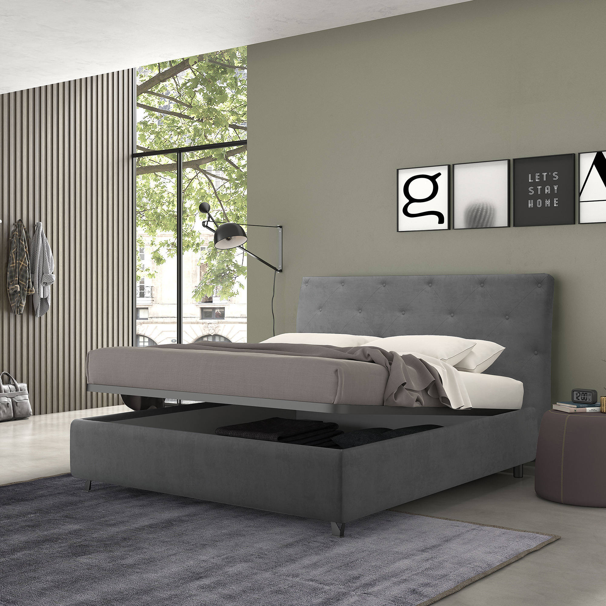 Talamo Italia Letto contenitore singolo Mozart, Made in Italy, Struttura in tessuto imbottito effetto velluto, Adatto a materasso 80x190 cm, Grigio