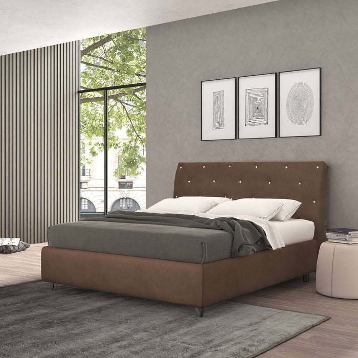 Talamo Italia Letto contenitore singolo Strauss, Made in Italy, Struttura in tessuto imbottito effetto vintage, Adatto a materasso 80x190 cm, Marrone
