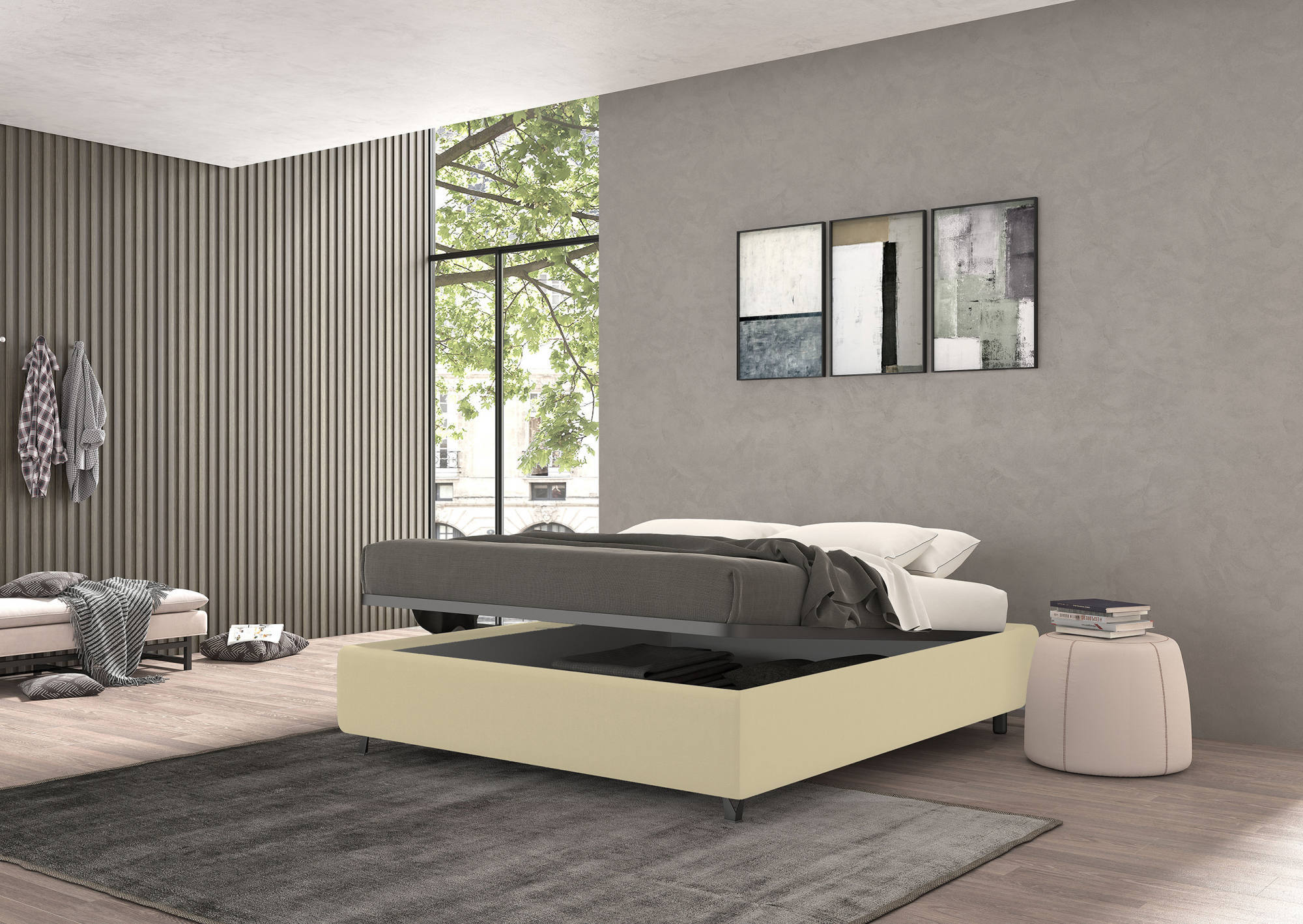 Talamo Italia Letto contenitore singolo Vivaldi, Made in Italy, Struttura in tessuto imbottito, Adatto a materasso 80x190 cm, Panna