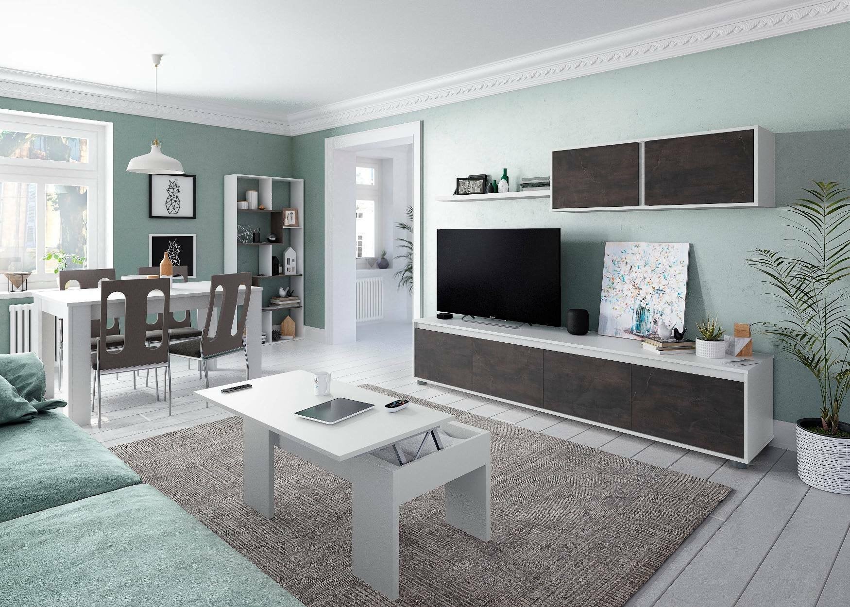 Parete attrezzata Amir, Mobile da soggiorno porta TV, Composizione set salotto, Set salotto con pensile, cm 200x41h43, Bianco e Ossido