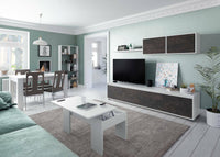 Parete attrezzata Amir, Mobile da soggiorno porta TV, Composizione set salotto, Set salotto con pensile, cm 200x41h43, Bianco e Ossido