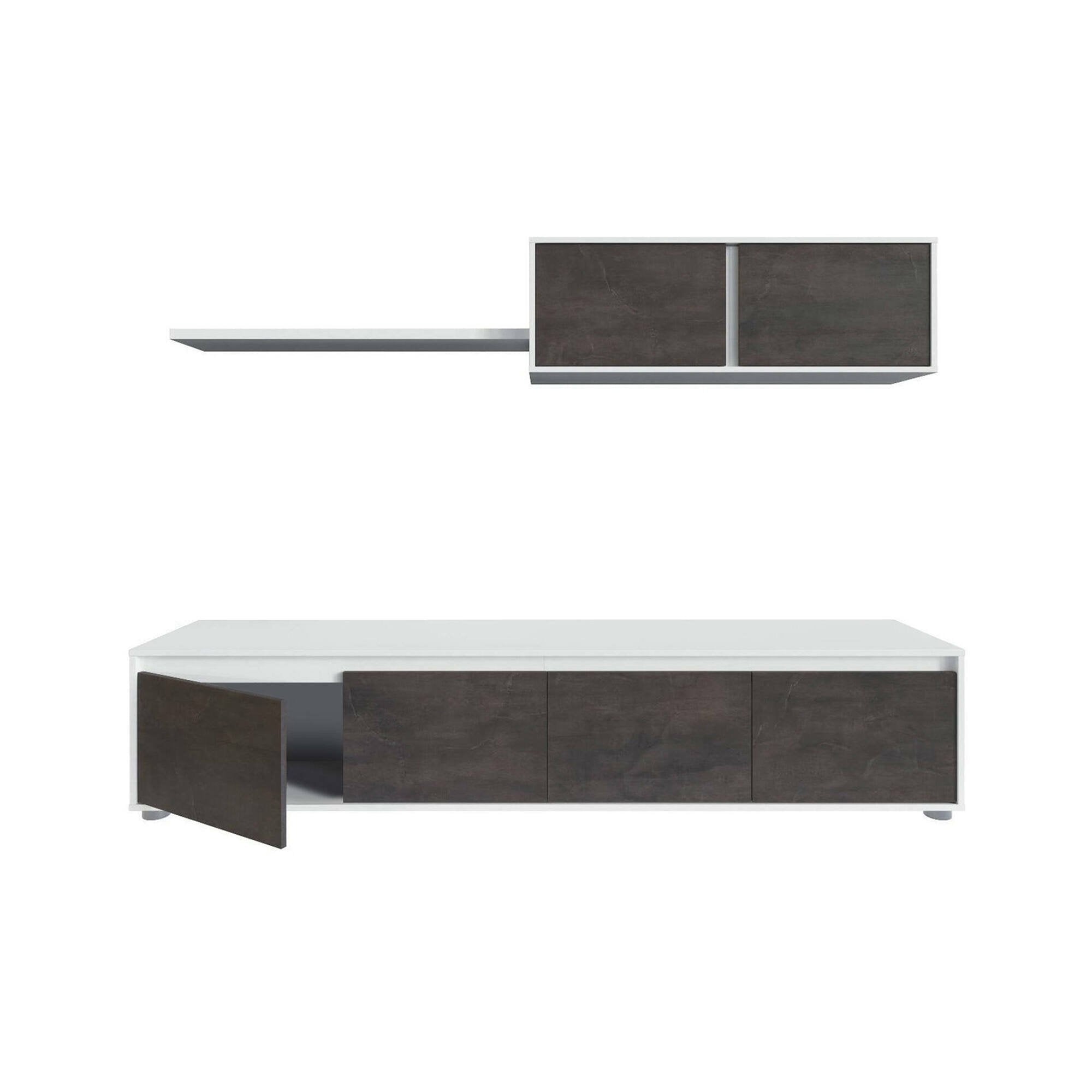 Parete attrezzata Amir, Mobile da soggiorno porta TV, Composizione set salotto, Set salotto con pensile, cm 200x41h43, Bianco e Ossido