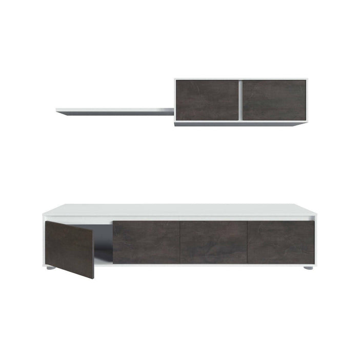 Parete attrezzata Amir, Mobile da soggiorno porta TV, Composizione set salotto, Set salotto con pensile, cm 200x41h43, Bianco e Ossido