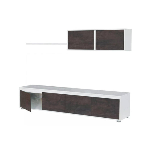 Parete attrezzata Amir, Mobile da soggiorno porta TV, Composizione set salotto, Set salotto con pensile, cm 200x41h43, Bianco e Ossido