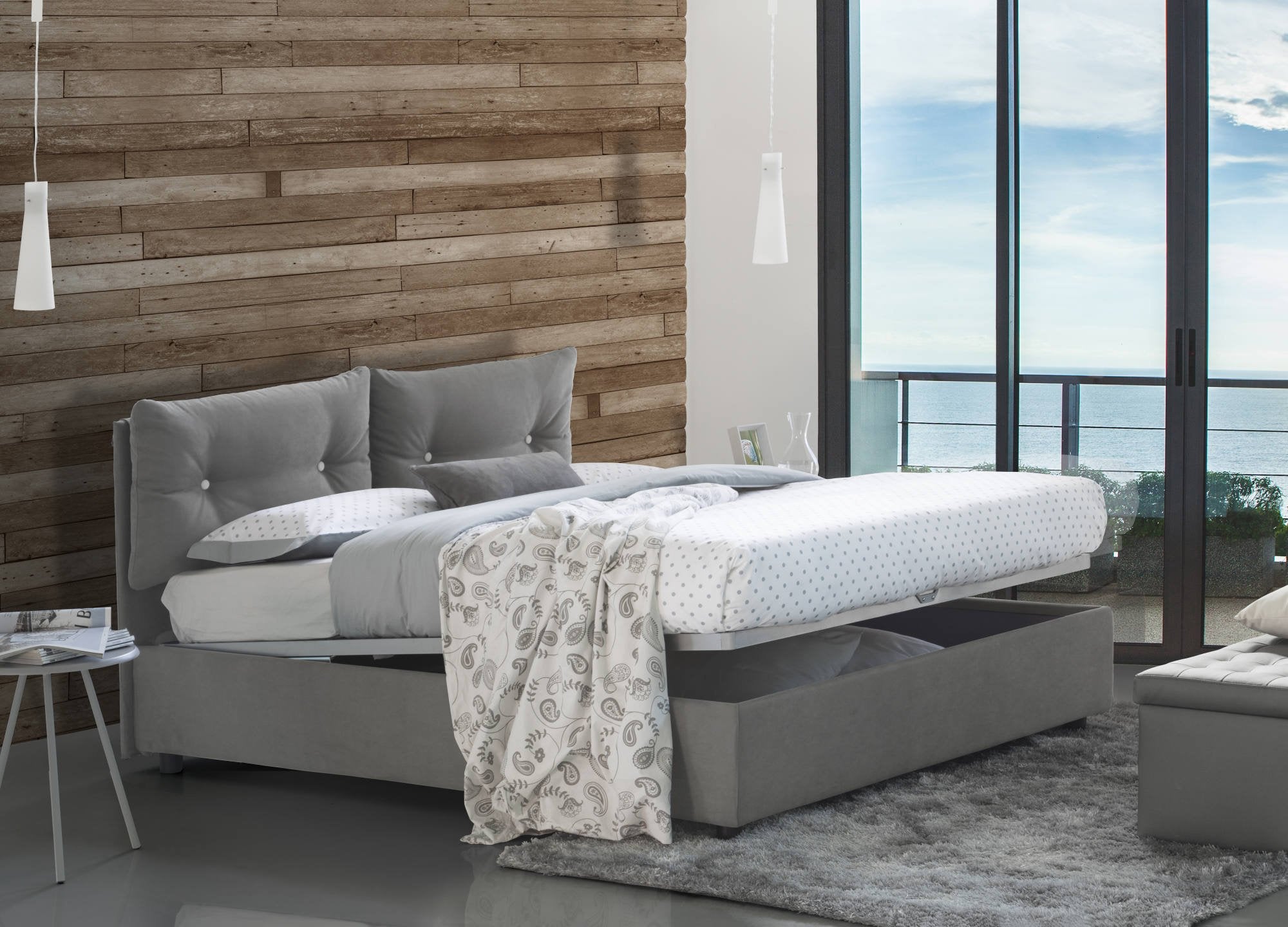 Letto singolo Amaro, Letto contenitore con rivestimento in tessuto, Made in Italy, Apertura frontale, adatto per materasso cm 80x190, Grigio