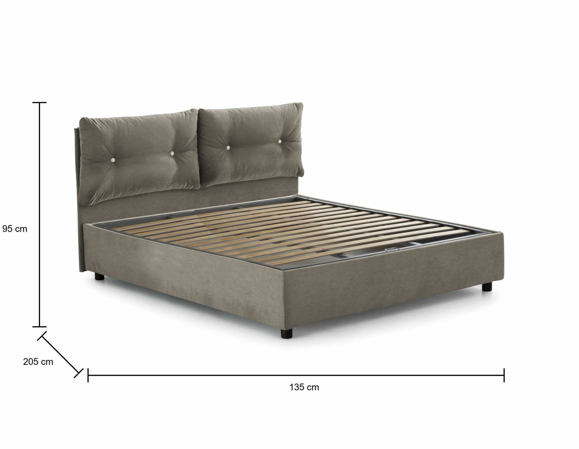 Letto piazza e mezza Agamennone, Letto contenitore con rivestimento in tessuto, Made in Italy, Apertura frontale, adatto per materasso cm 120x190, Tortora