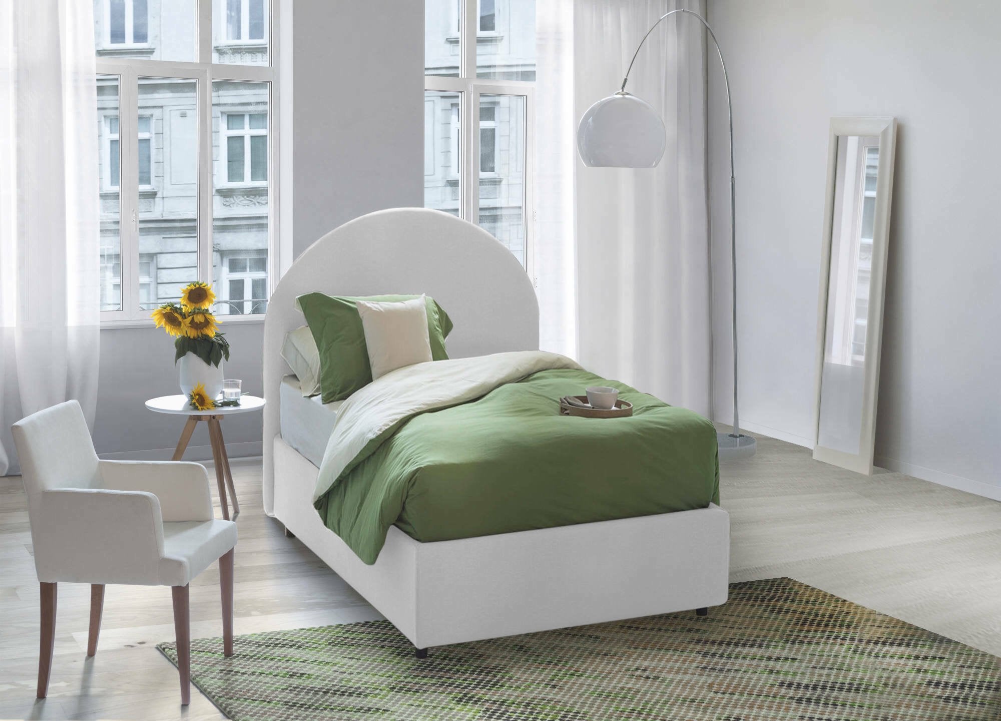 Letto singolo Amantea, Letto contenitore con rivestimento in tessuto, Made in Italy, Apertura frontale, adatto per materasso cm 80x190, Bianco