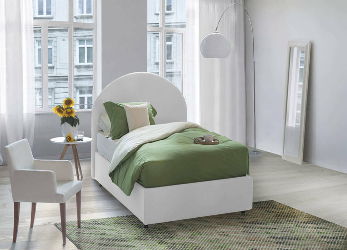 Letto singolo Amantea, Letto contenitore con rivestimento in tessuto, Made in Italy, Apertura frontale, adatto per materasso cm 80x190, Bianco