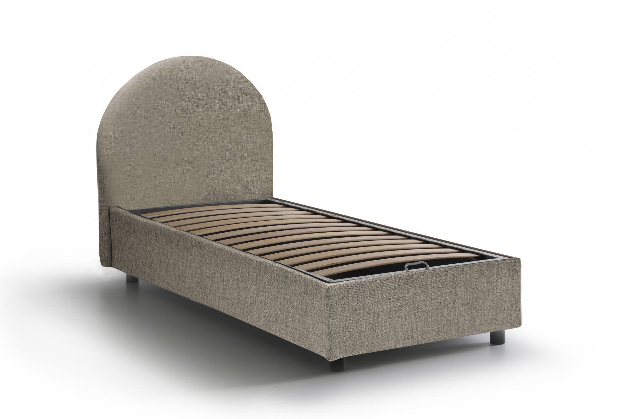 Letto singolo Amantea, Letto contenitore con rivestimento in tessuto, Made in Italy, Apertura frontale, adatto per materasso cm 80x190, Tortora